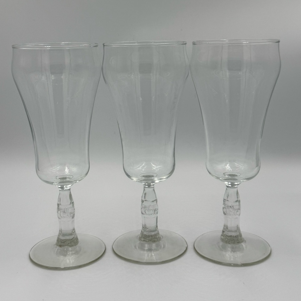 3 Clear “Coke” Pedestal Glasses Unique